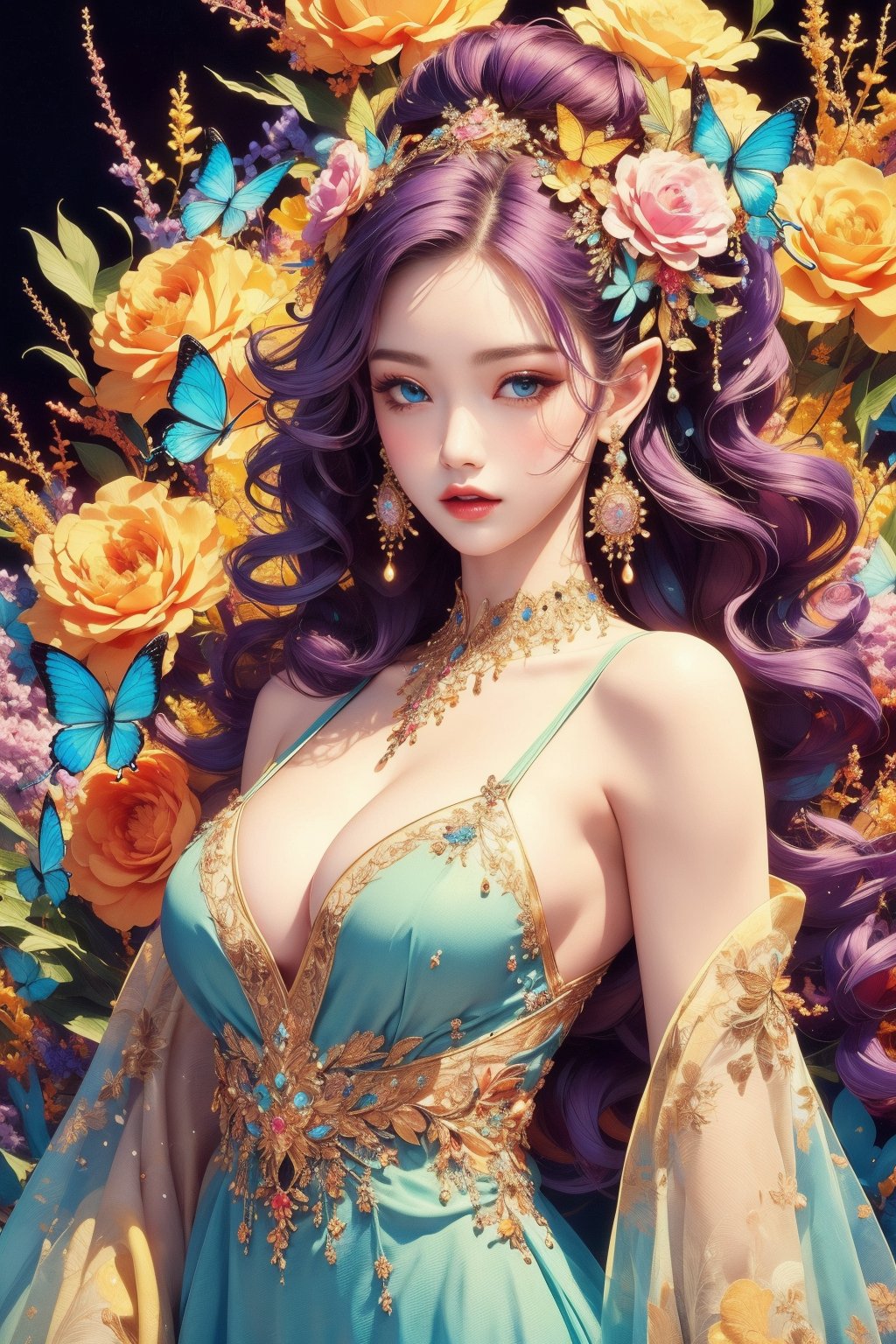 busty and sexy girl, 8k, masterpiece, ultra-realistic, best quality, high resolution, high definition,1girl, solo, long hair, breasts, looking at viewer, blue eyes, hair ornament, dress, cleavage, bare shoulders, jewelry, medium breasts, purple eyes, upper body, purple hair, flower, earrings, pointy ears, hair flower, bug, black background, gem, butterfly, pink dress