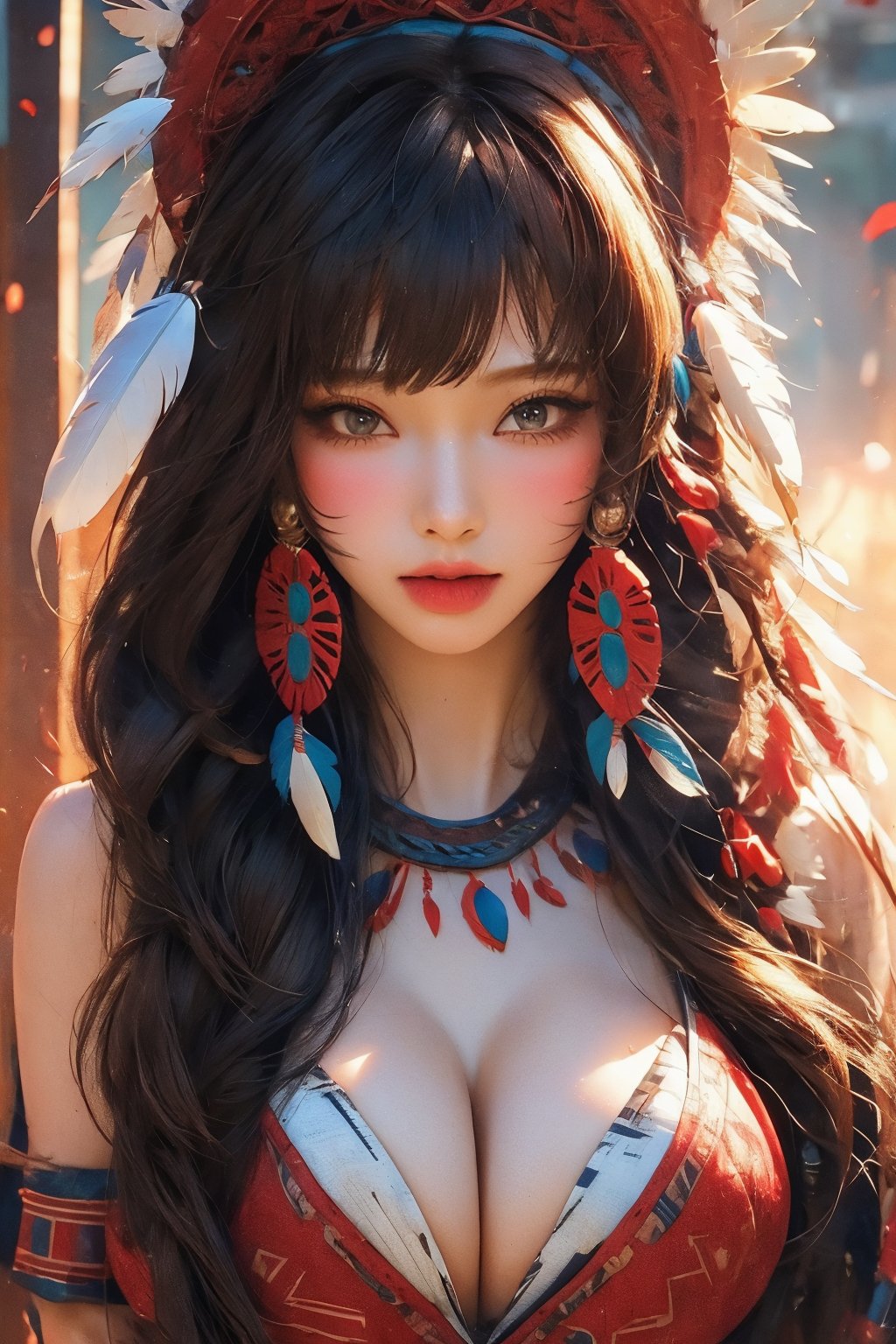 busty and sexy girl, 8k, masterpiece, ultra-realistic, best quality, high resolution, high definition, Tribal girl, feather headdress