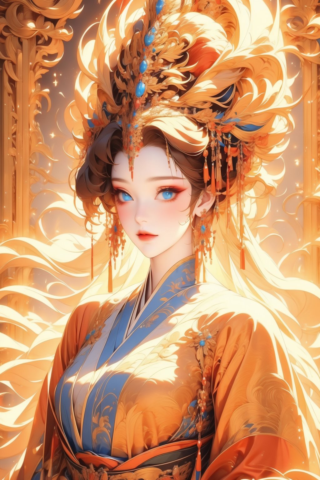 busty and sexy girl, 8k, masterpiece, ultra-realistic, best quality, high resolution, high definition, 1girl, solo, long hair, looking at viewer, blue eyes, blonde hair, hair ornament, jewelry, closed mouth, upper body, earrings, lips, makeup, chinese clothes, gem, realistic, headdress, red lips, hanfu, traditional clothes