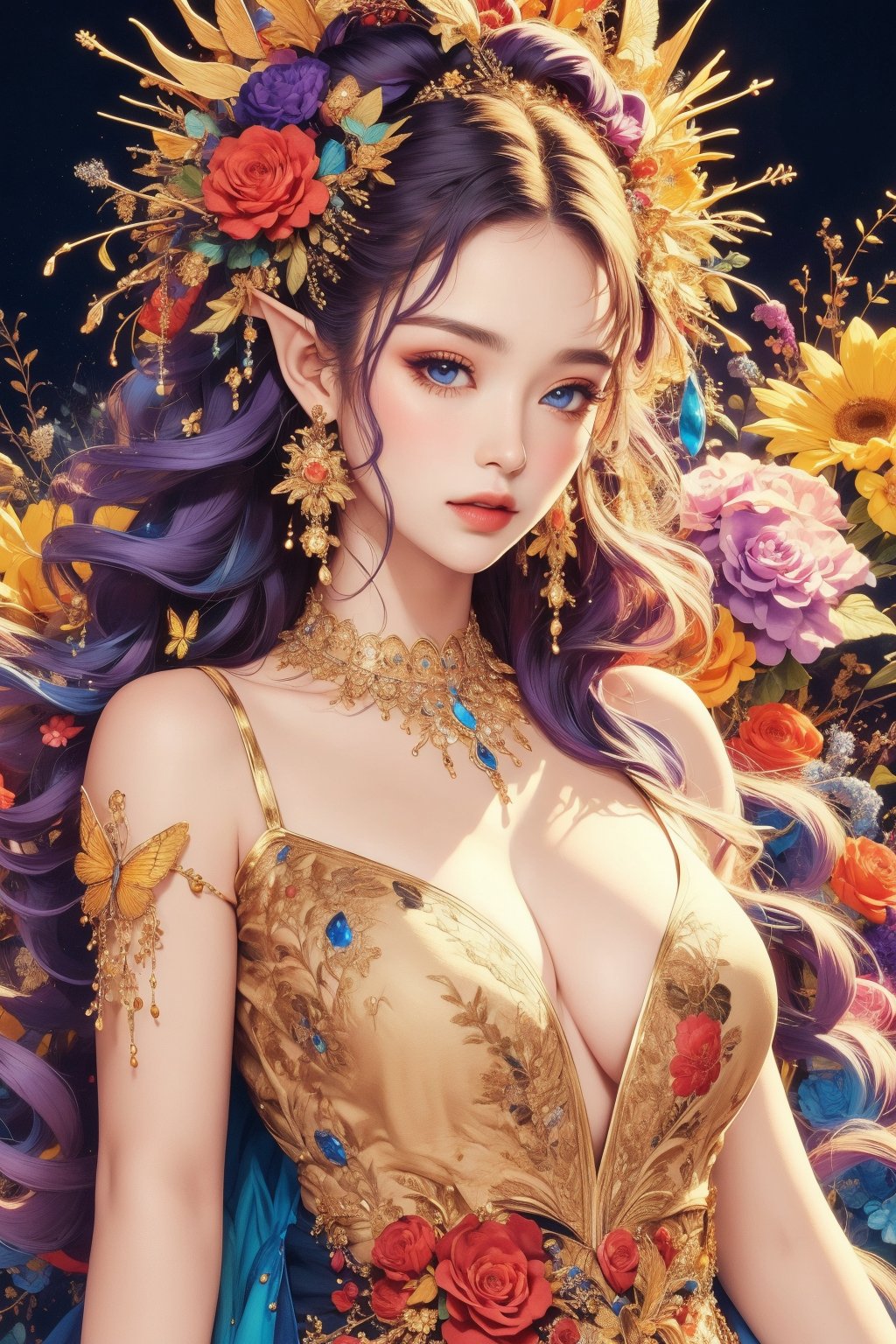 busty and sexy girl, 8k, masterpiece, ultra-realistic, best quality, high resolution, high definition,1girl, solo, long hair, breasts, looking at viewer, blue eyes, hair ornament, dress, cleavage, bare shoulders, jewelry, medium breasts, purple eyes, upper body, purple hair, flower, earrings, pointy ears, hair flower, bug, black background, gem, butterfly, pink dress