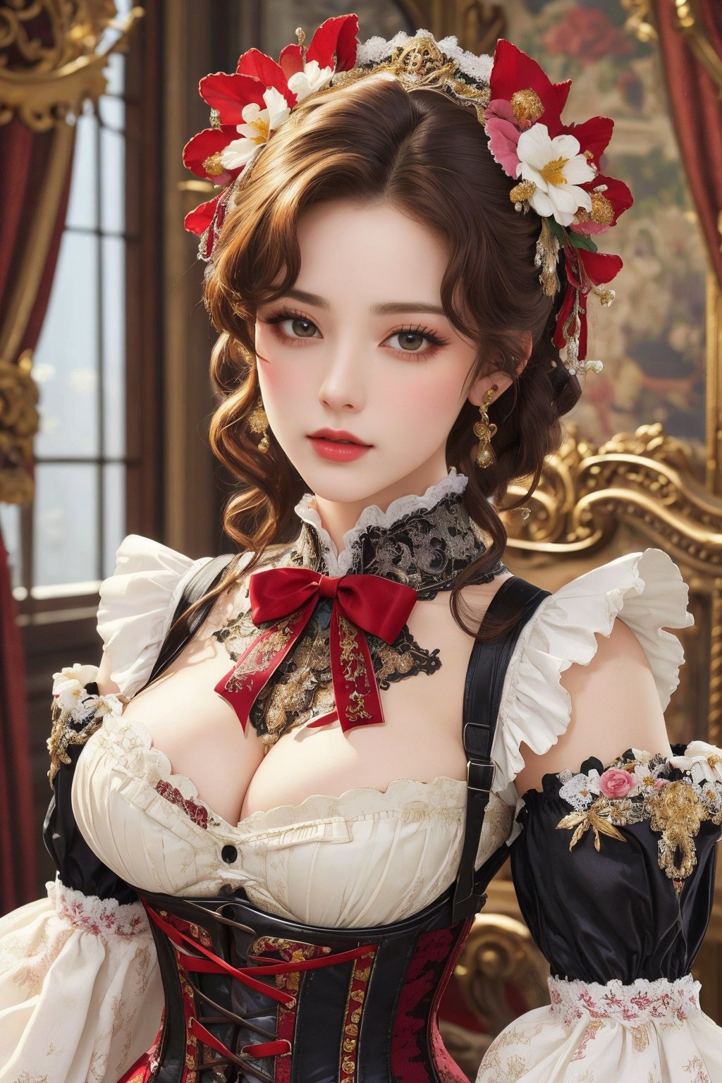 busty and sexy girl, 8k, masterpiece, ultra-realistic, best quality, high resolution, high definition, Lolita, maid, Victorian fashion, Rococo fashion, black corset with red ribbon lacing, White lace details on the sleeves, Puffed sleeves, headpiece adorned with flowers, ornate flower frame background, historical vibe, historical fashion with fantasy elements,lolita