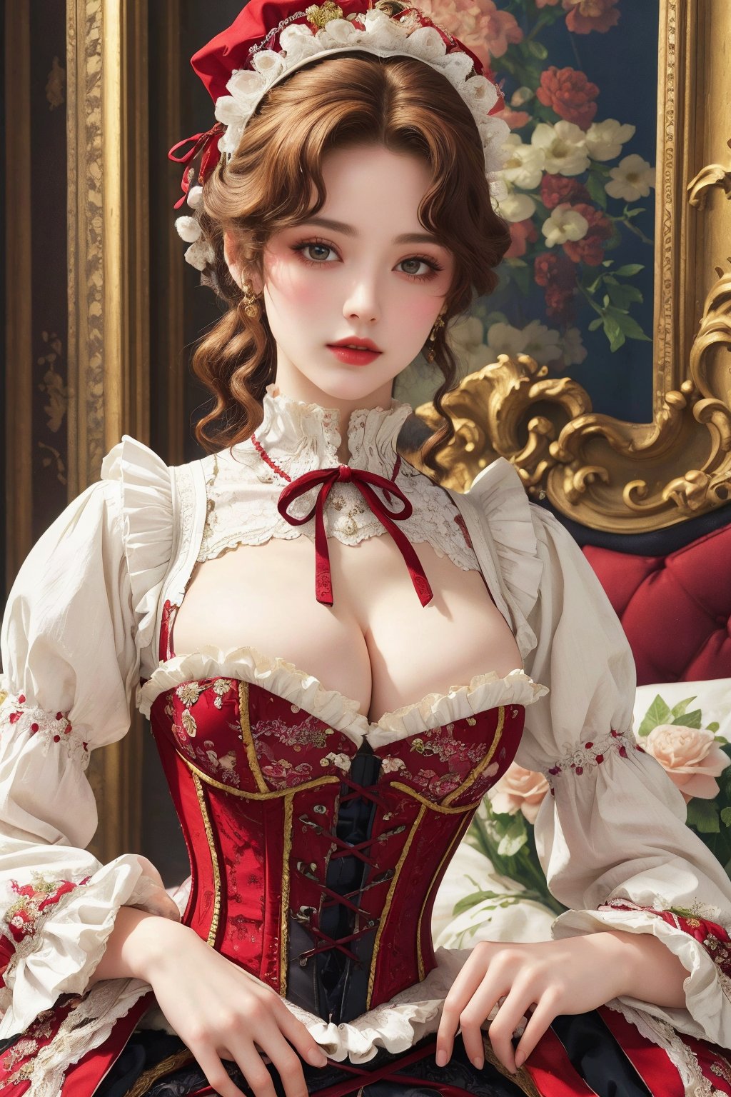 busty and sexy girl, 8k, masterpiece, ultra-realistic, best quality, high resolution, high definition, Lolita, maid, Victorian fashion, Rococo fashion, black corset with red ribbon lacing, White lace details on the sleeves, Puffed sleeves, headpiece adorned with flowers, ornate flower frame background, historical vibe, historical fashion with fantasy elements,lolita