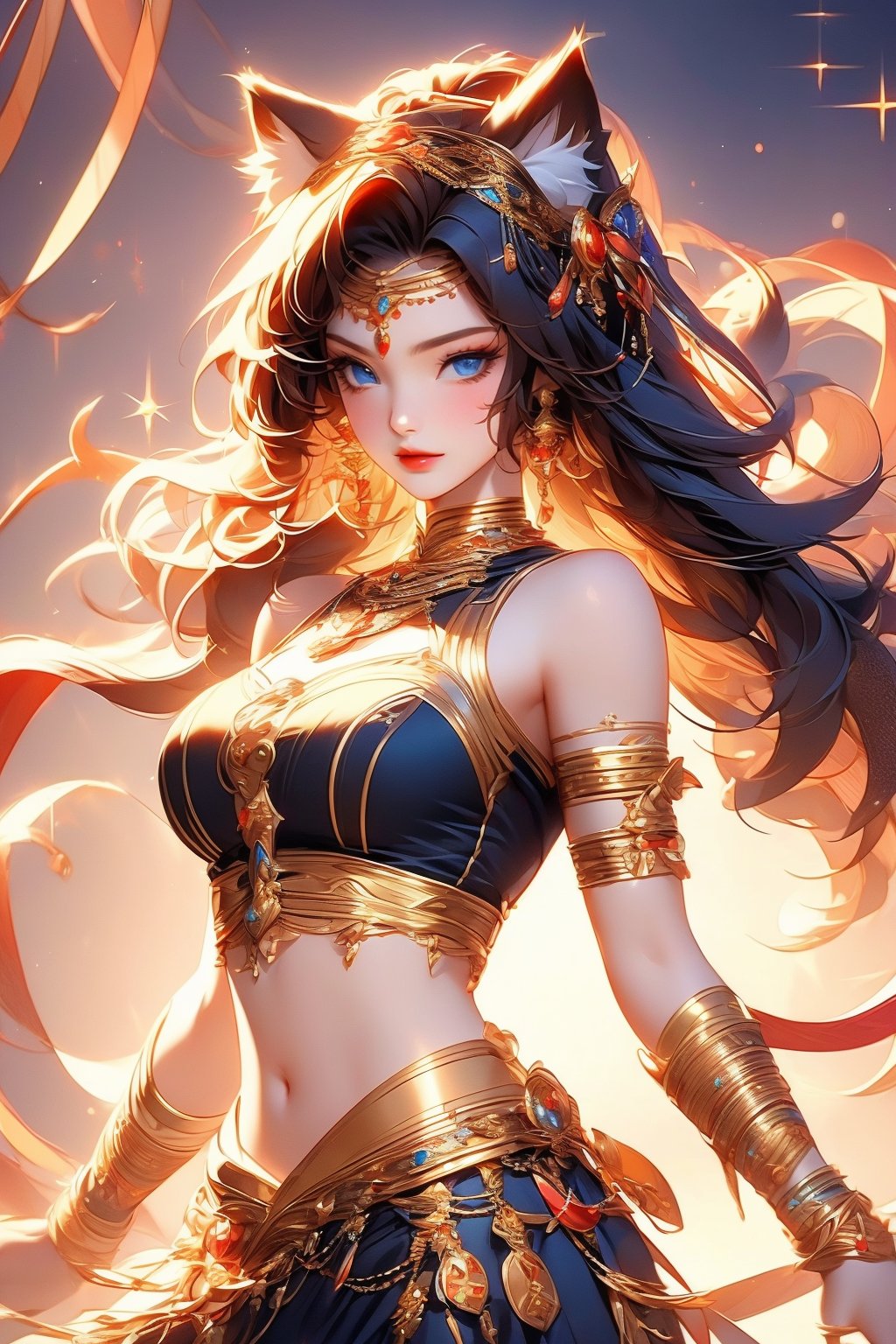 busty and sexy girl, 8k, masterpiece, ultra-realistic, best quality, high resolution, high definition, bare shoulder, sparkle, glow, close mouth, 1girl, solo, long hair, breasts, looking at viewer, blue eyes, skirt, black hair, navel, animal ears, cleavage, bare shoulders, jewelry, medium breasts, closed mouth, cowboy shot, earrings, day, midriff, cat ears, black skirt, bracelet, lips, crop top, animal ear fluff, clothing cutout, gem, armlet, gold trim, red lips, gold