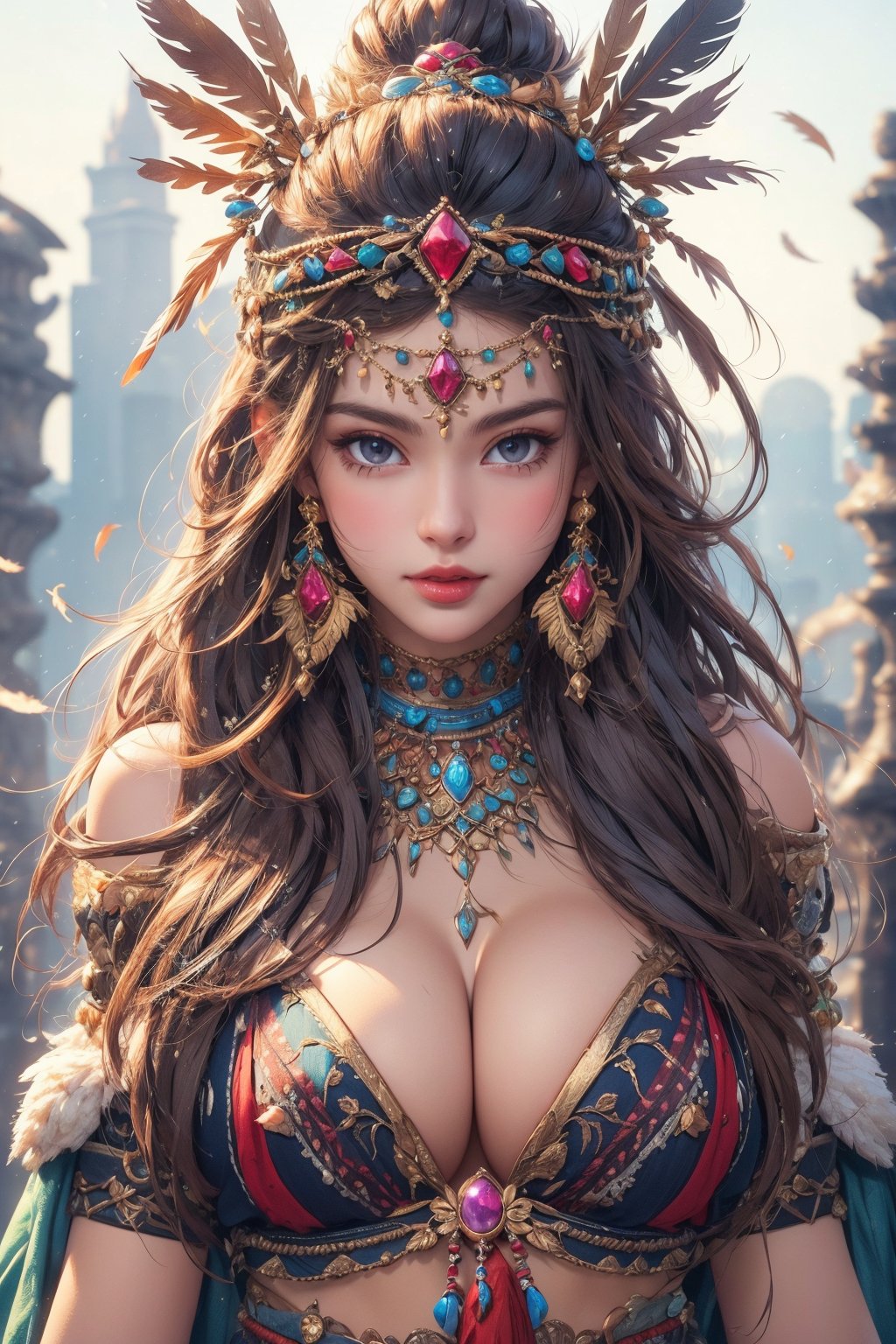 busty and sexy girl, 8k, masterpiece, ultra-realistic, best quality, high resolution, high definition, Tribal girl, feather headdress, GEMS