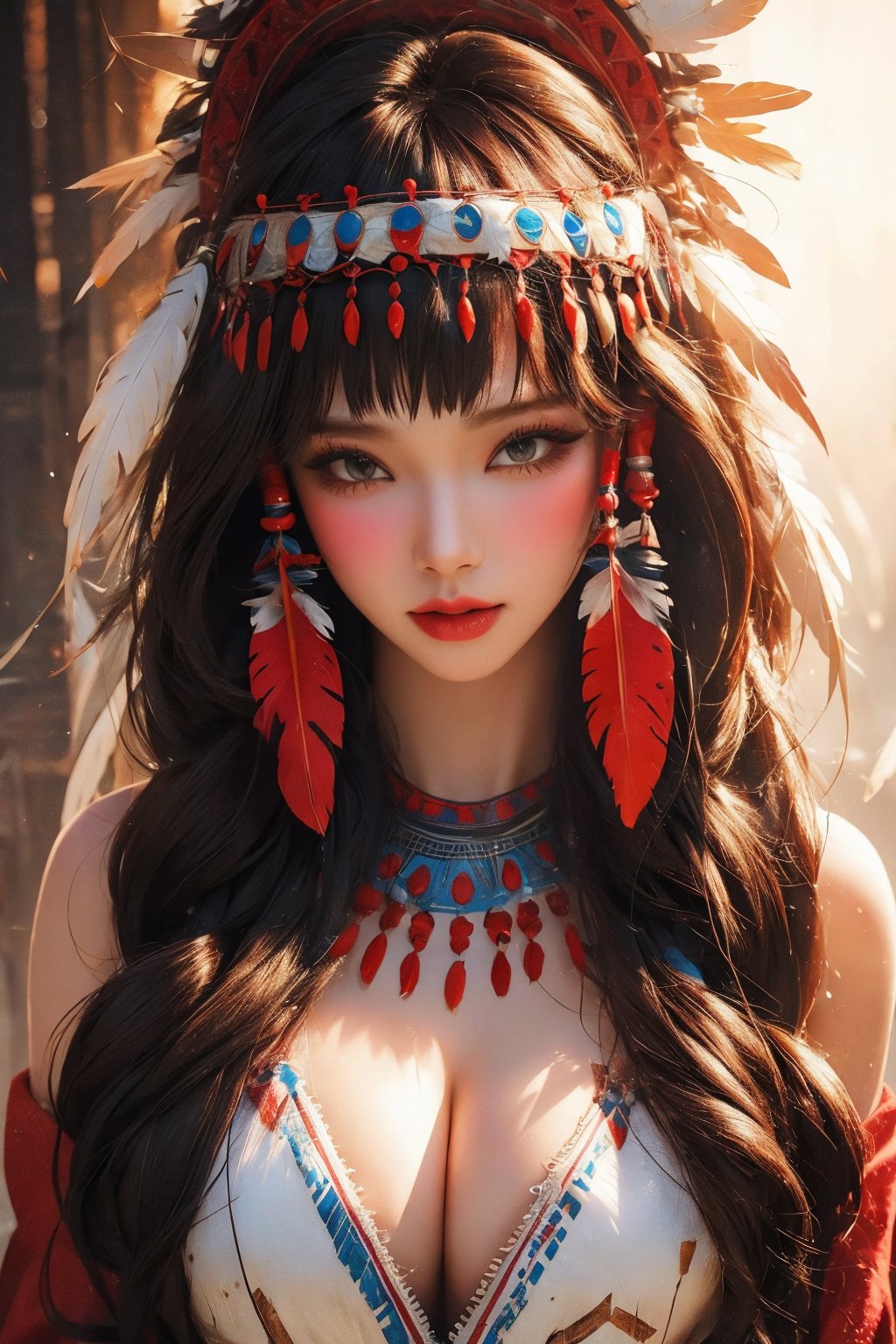 busty and sexy girl, 8k, masterpiece, ultra-realistic, best quality, high resolution, high definition, Tribal girl, feather headdress