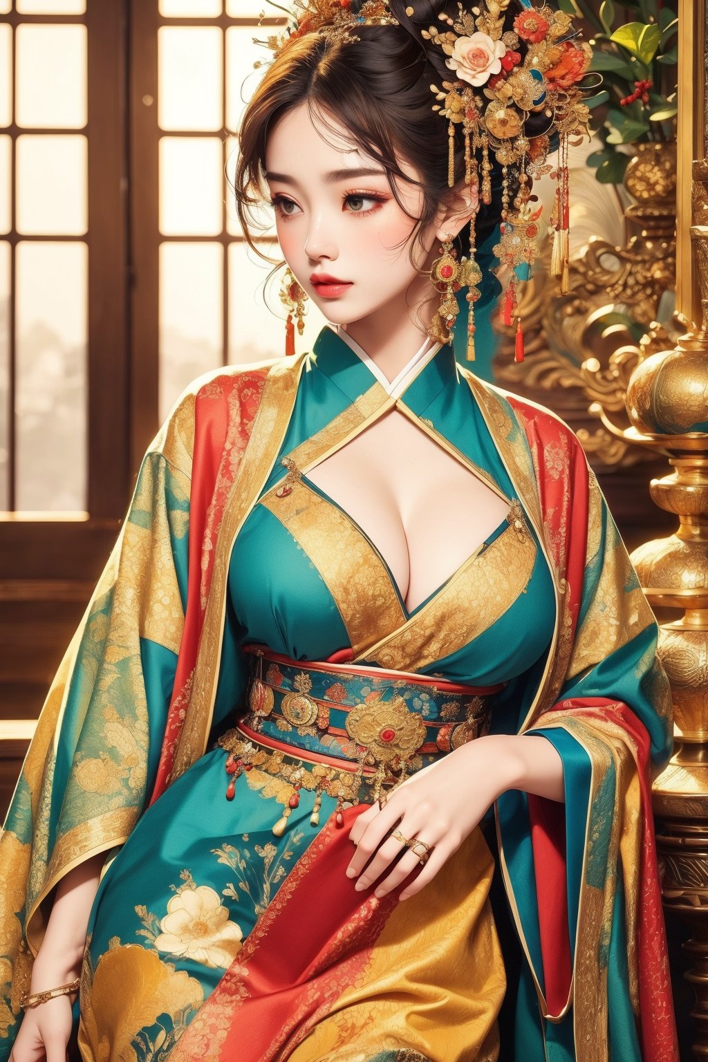 busty and sexy girl, 8k, masterpiece, ultra-realistic, best quality, high resolution, high definition,The image is an artistic representation of a female character dressed in traditional East Asian attire, possibly indicating a historical or cultural setting. The clothing and jewelry suggest a ceremonial or significant role within that context. The character's pose and the setting give a sense of tranquility and introspection. The background elements hint at a domestic interior, which may imply a personal narrative or story related to the character. The overall impression is one of elegance and grace, with a focus on the character's beauty and the rich cultural symbolism of her attire.