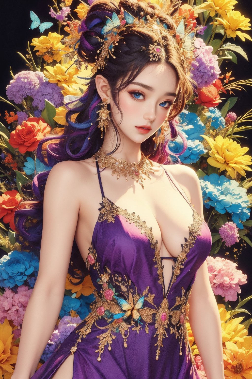 busty and sexy girl, 8k, masterpiece, ultra-realistic, best quality, high resolution, high definition,1girl, solo, long hair, breasts, looking at viewer, blue eyes, hair ornament, dress, cleavage, bare shoulders, jewelry, medium breasts, purple eyes, upper body, purple hair, flower, earrings, pointy ears, hair flower, bug, black background, gem, butterfly, pink dress