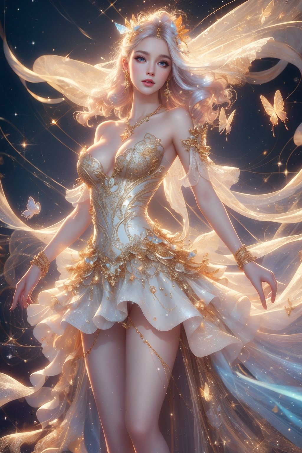 busty and sexy girl, 8k, masterpiece, ultra-realistic, best quality, high resolution, high definition, hair ornament, dress, bare shoulders, standing, white dress, sparkle, strapless, strapless dress, ballerina, ballet slippers, tutu, floral background, long hair, breasts, blue eyes, hair ornament, dress, bare shoulders, jewelry, standing, collarbone, white hair, (glowing hair), earrings, necklace, bracelet, lips, strapless,  (glowing), wavy hair, butterfly