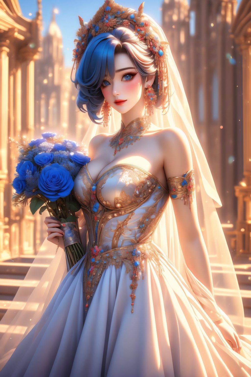 busty and sexy girl, 8k, masterpiece, ultra-realistic, best quality, high resolution, high definition, 1girl, solo, breasts, looking at viewer, blush, smile, short hair, bangs, blue eyes, large breasts, hair ornament, dress, holding, cleavage, bare shoulders, jewelry, blue hair, flower, earrings, outdoors, parted lips, sky, day, cloud, white dress, hair over one eye, blue sky, strapless, rose, x hair ornament, veil, strapless dress, blue flower, bouquet, wedding dress, bridal veil, blue rose, bride, church