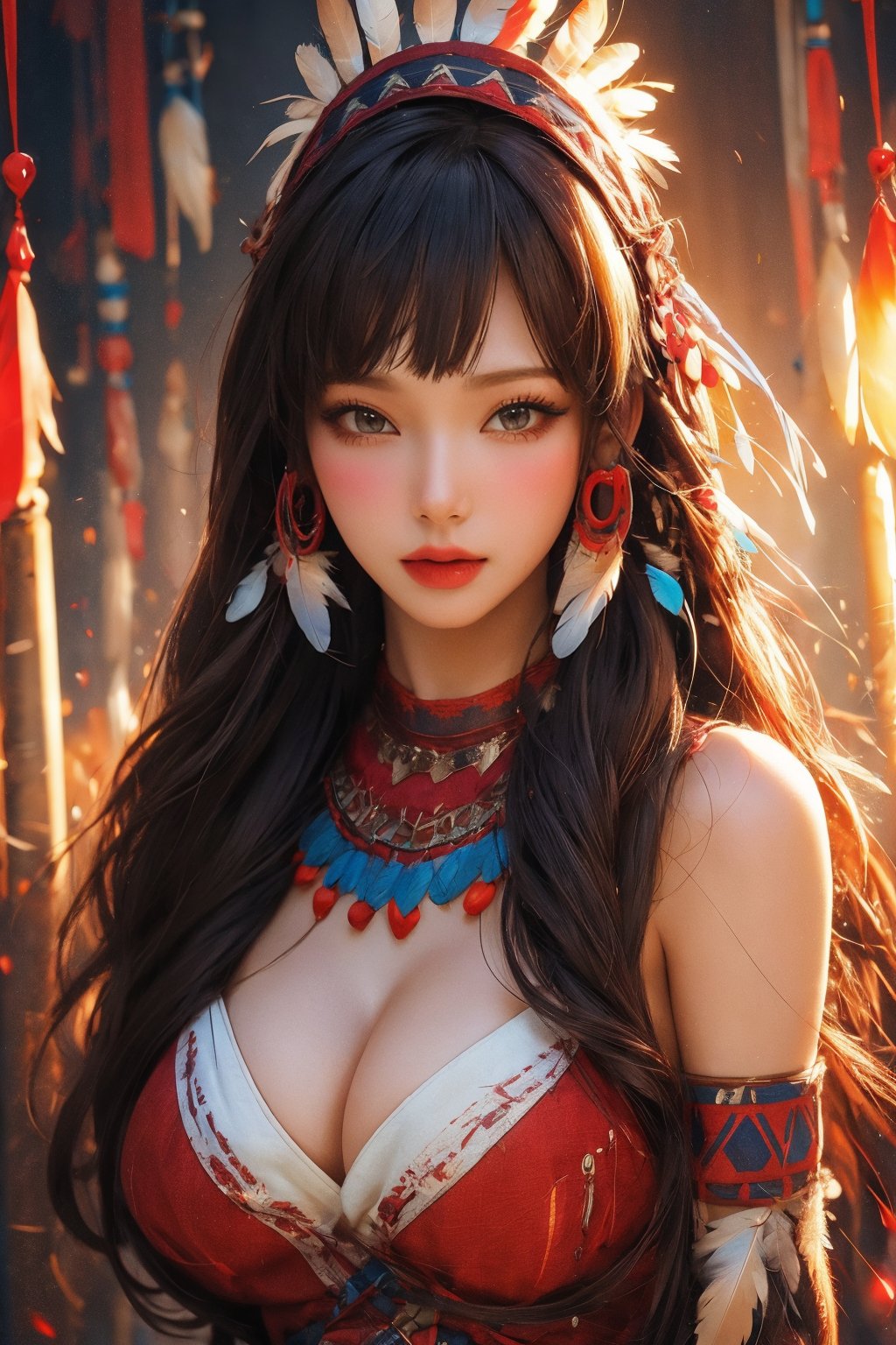 busty and sexy girl, 8k, masterpiece, ultra-realistic, best quality, high resolution, high definition, Tribal girl, feather headdress