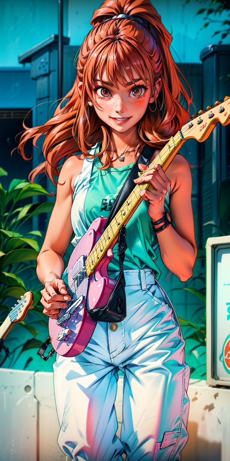 masterpiece, beat quality, woman standing front to the camera with the face, ((wearing a tank top)), (((white jeans))) and (((playing a telecaster Guitar))) with finely detailed beautiful brown eyes and detailed face a sexy smile and long_hair.
cinematic lighting,
8k uhd, dslr, soft lighting, high quality, 
on the stage with a female rock band.
scandal rina