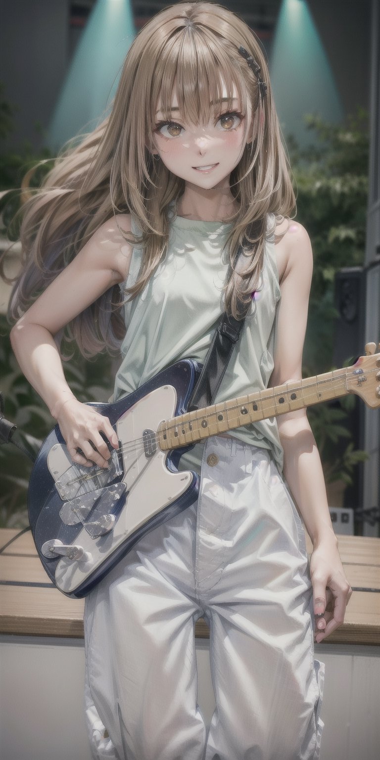 masterpiece, beat quality, woman standing front to the camera with the face, ((wearing a tank top)), (((white jeans))) and (((playing a telecaster Guitar))) with finely detailed beautiful brown eyes and detailed face a sexy smile and long_hair.
cinematic lighting,
8k uhd, dslr, soft lighting, high quality, 
on the concert stage with a female rock band.
scandal rina