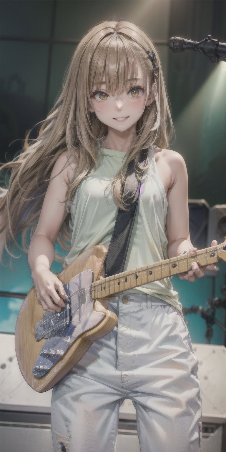 masterpiece, beat quality, woman standing front to the camera with the face, ((wearing a tank top)), (((white jeans))) and (((playing a telecaster Guitar))) with finely detailed beautiful brown eyes and detailed face a sexy smile and long_hair.
cinematic lighting,
8k uhd, dslr, soft lighting, high quality, 
on the concert stage with a female rock band.
scandal rina