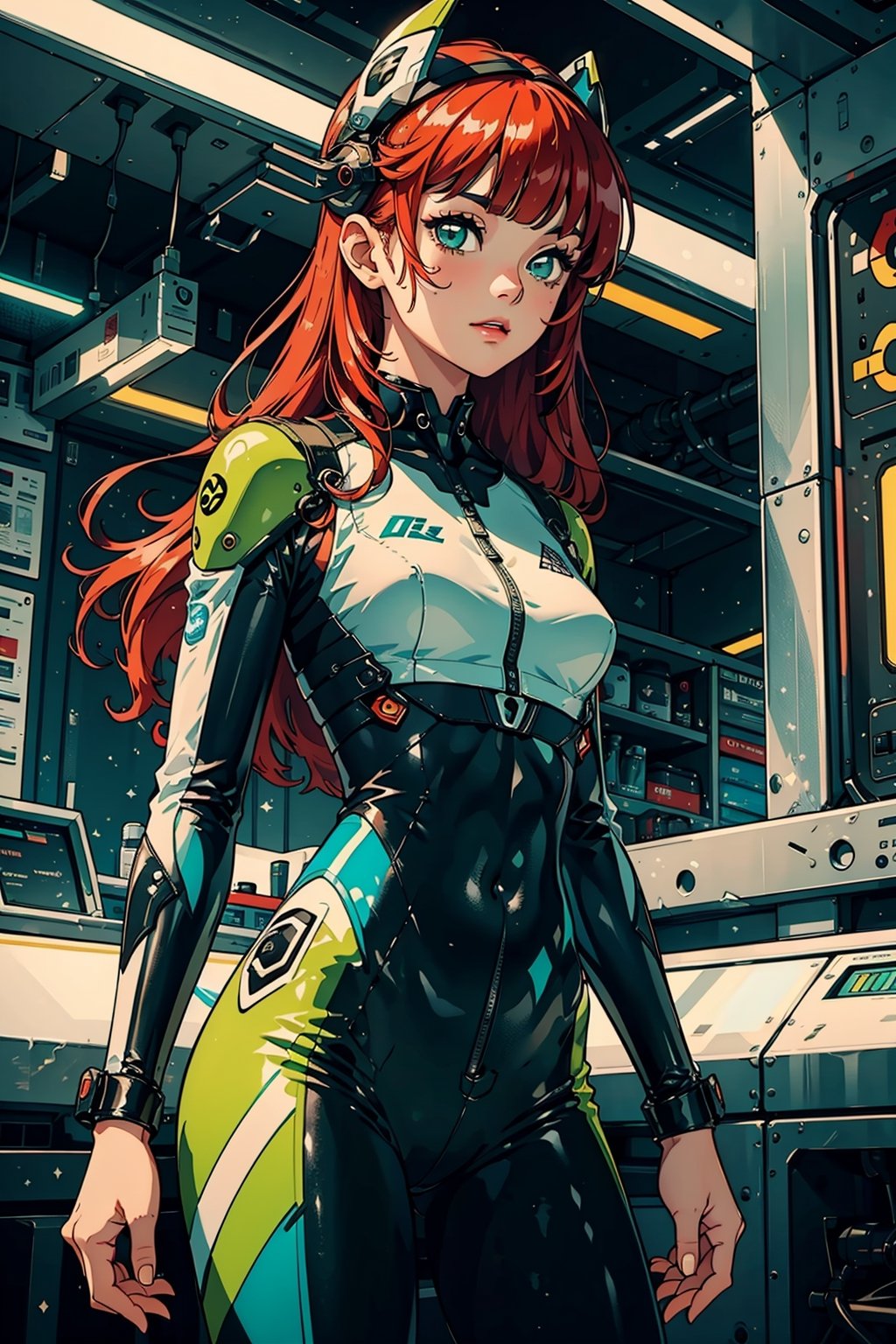 (masterpiece), science fiction, scenery,  1girl, long hair, bangs, red hair color, light green eyes, mecha headgear, sci-fi bodysuits, no leggings.,bagpipeqr,highres