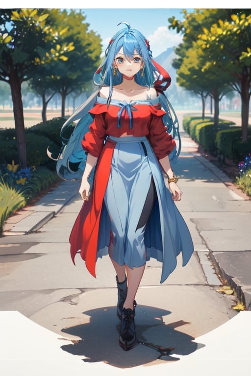 blue hair, long hair, red shirt, blue skirt, long skirt, ahoge, earrings, blue leggings, kingdom of rosas outfits, kingdom of rosas style, green eyes, gray blue skirt, red bareshirt, red off-shoulder shirt, fullbody, character sheet