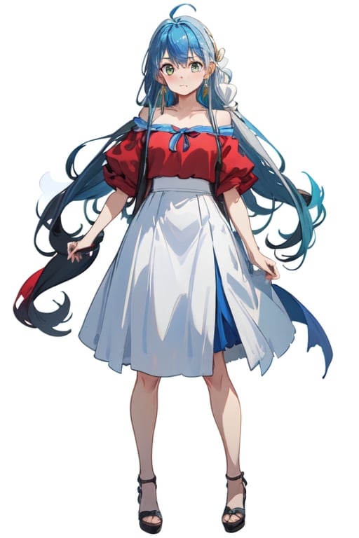 blue hair, long hair, red shirt, blue skirt, long skirt, ahoge, earrings, blue leggings, kingdom of rosas outfits, kingdom of rosas style, green eyes, gray blue skirt, red bareshirt, red off-shoulder shirt, fullbody,[(white background:1.5)