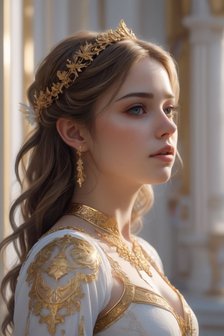 (best quality,masterpiece,highres,8k,raw image),sharp focus,ultra realistic,ultra detailed,
1girl, portrait, a beautiful young woman, goddess, solo, fantasy,  gold and white, depth of field, hyperealistic shadows,color art,white palace, intricate details