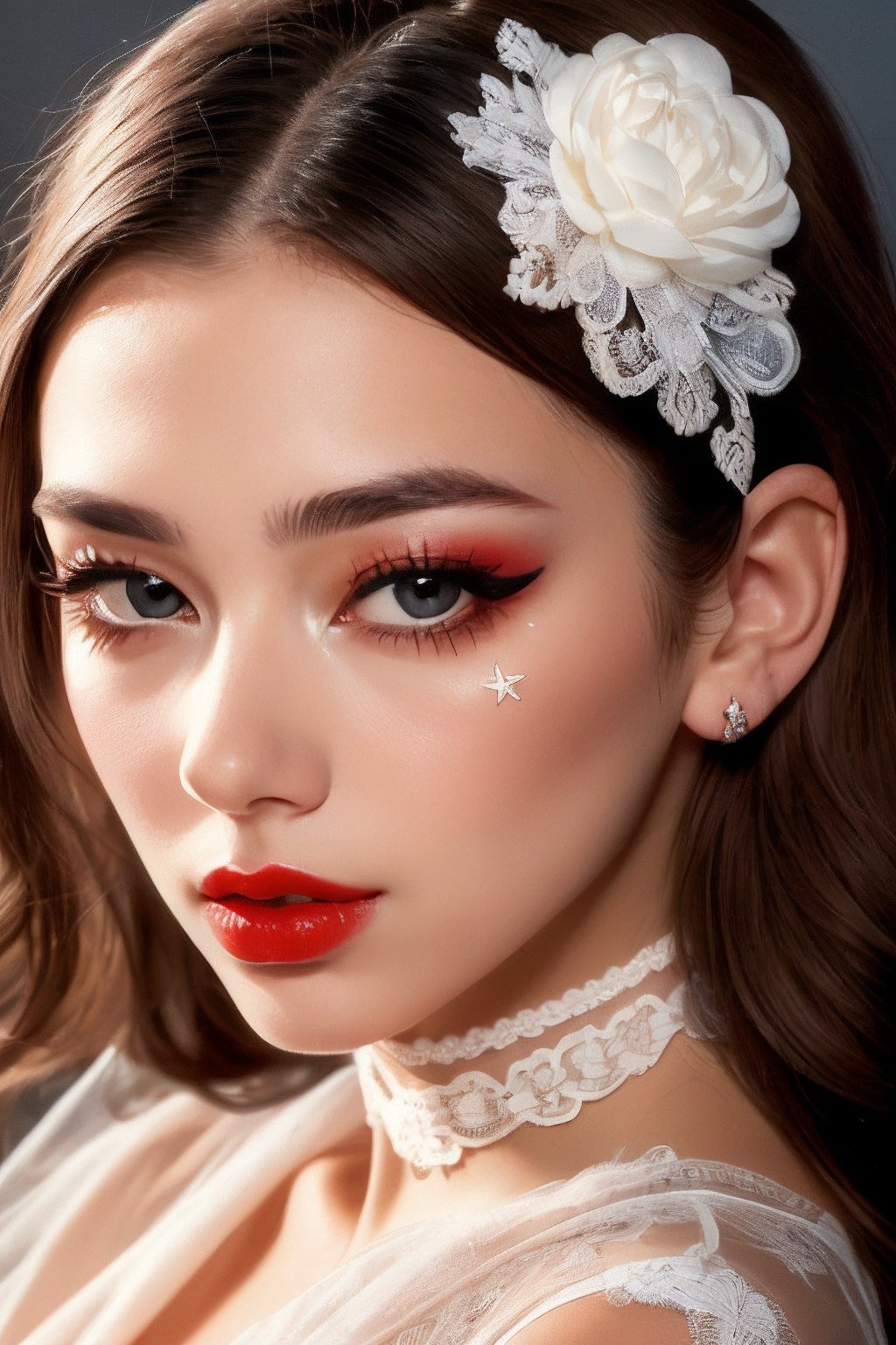 1girl, solo, looking at viewer, blue eyes, parted lips, choker, pointy ears, red lips, eyelashes, portrait, close-up, intricate and detailed white lace eye mask, beautiful, realistic, ultra realistic, ultra detail, ultra detailed skin