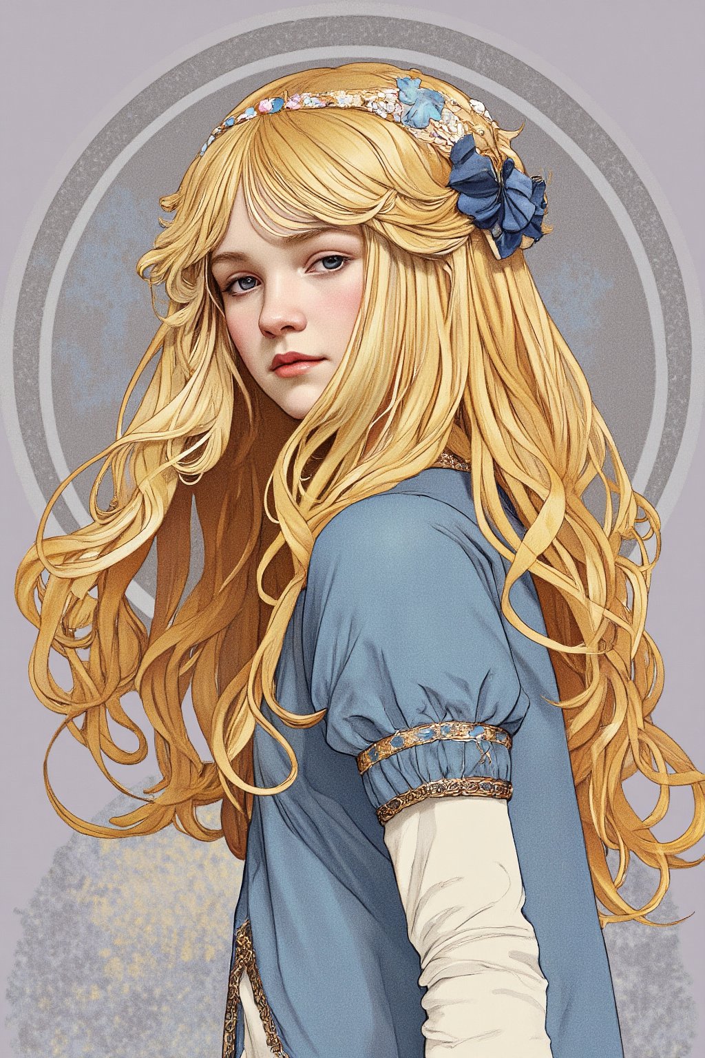 An illustration of a 12 year old child with long blonde hair in FLUXEvue style.