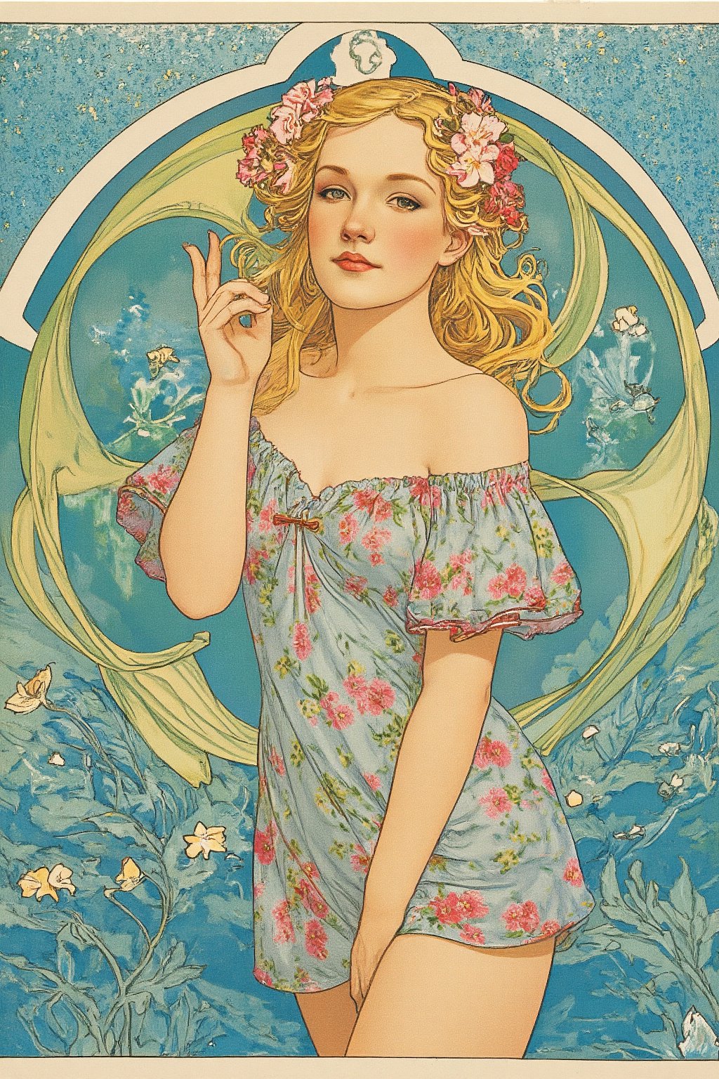 A vintage vibrant illustration of a 13 year old girl with long blonde hair in FLUXEvue style. She is wearing a low cut, off-shoulders flowery blouse and a short skirt.