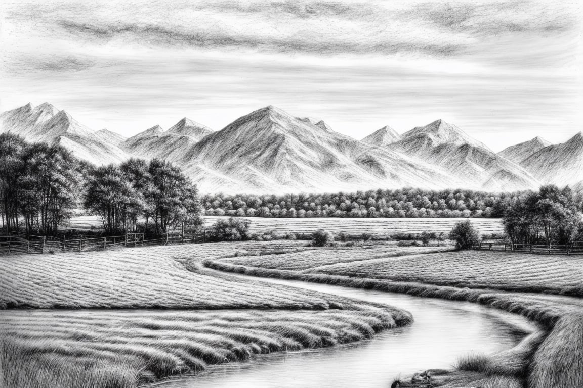 pencil drawing, graphite media, grayscale, hatching texture, village, dog, horses, sheep grazing, fields, pond, a few trees, mountains, background white patterned paper, composition follows the golden ratio