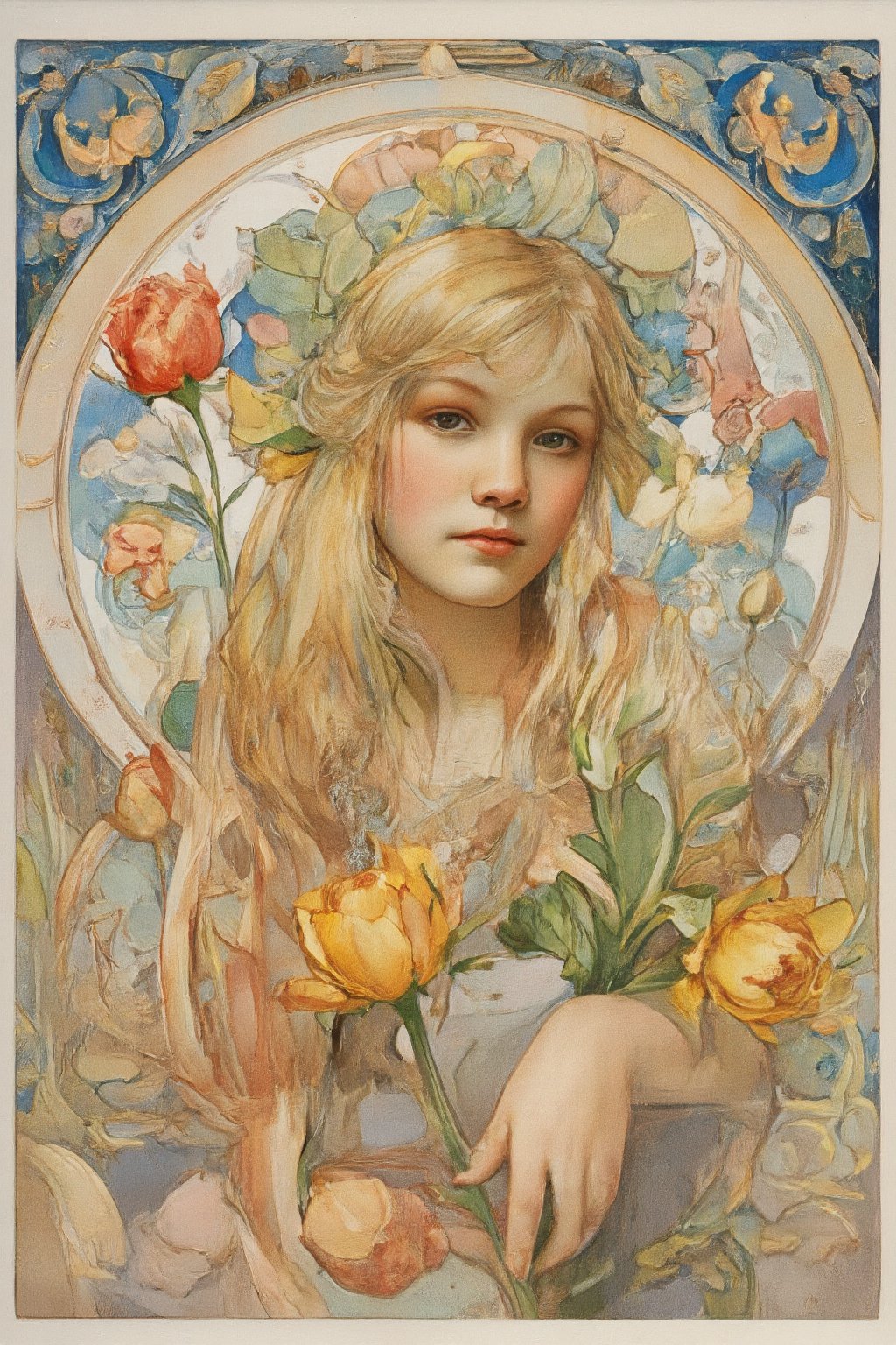 A vintage Wcol illustration of a 12 year old child with long blonde hair in FLUXEvue style.