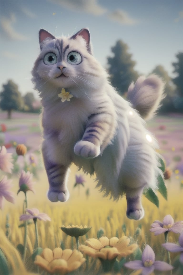 (birman cat leaping in a field with colorful flowers:1.3), pale blue eyes, (Towering trees draped in leaves1.1), sense of mystery and romance,  8k, super sharp