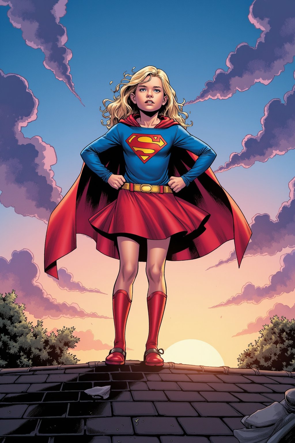 A FrameForge illustration depicting a girl, age 8-10. She has blond wavy hair and she is wearing a supergirl costume. She is standing on the roof in the evening. Her facial expression is determined. Her arms are in the famous Superman flying pose. She is ready to jump off the roof, trusting that she has the superpower to fly. Exaggerated perspectives and dramatic lighting.