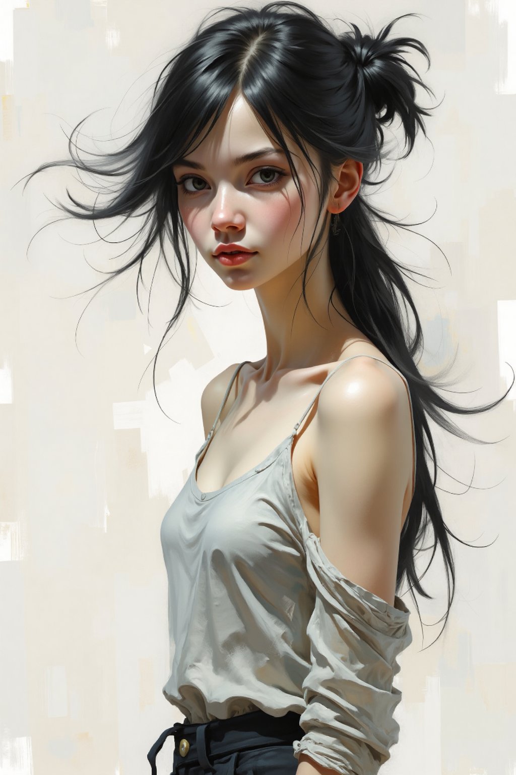 An evolyzed highly detailed painting of a young woman rendered in a hyper-realistic, slightly stylized manner. The subject is a slender, petite woman with an androgynous physique and a delicate, almost ethereal appearance. She has long, flowing black hair that cascades down her back, with a slight wind effect giving it a dynamic, animated look. Her skin is pale with a subtle sheen, suggesting a smooth texture.