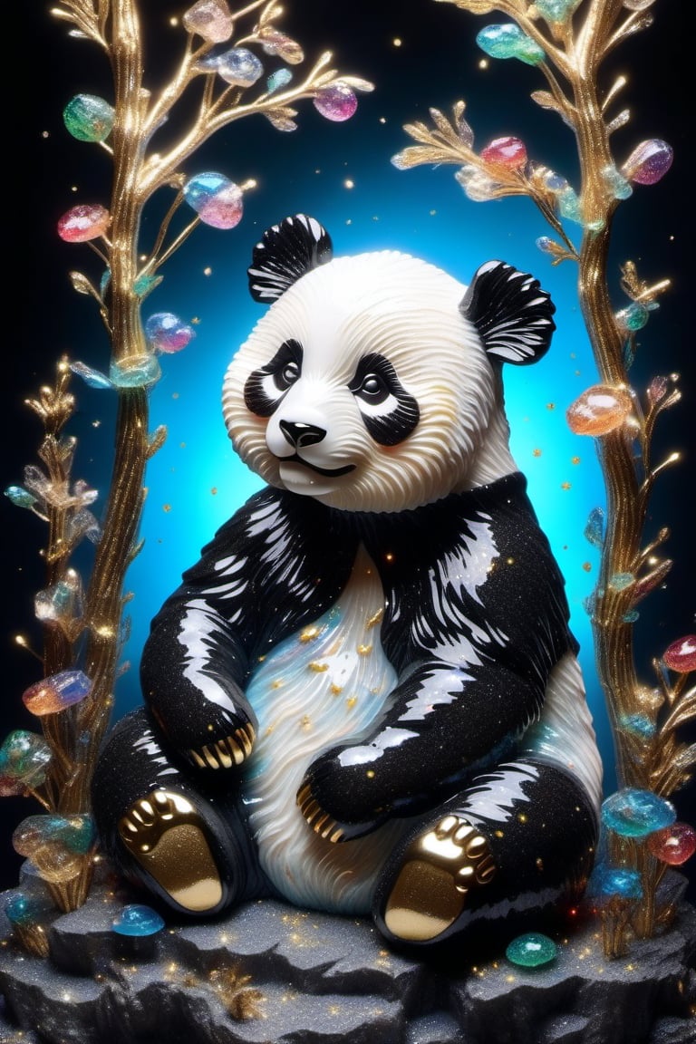 masterpiece, high quality, cinematic lighting, (official illustration:1.4), in forest, (black and white glass carving baby panda) ,glitter,colorful,(nostalgia.:1.4),highest quality, 16k, ultra-detailed,glass art, epoxy resin combined with Kintsugi style 