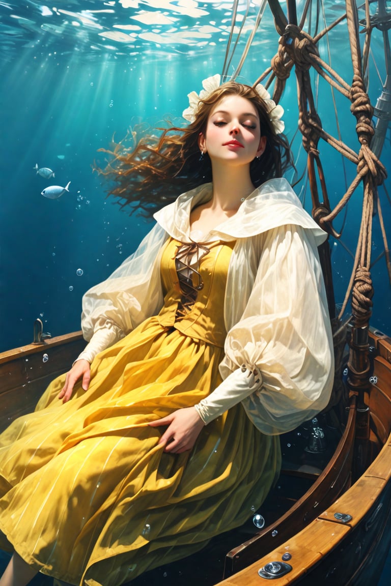 REALISTIC, underwater scene, a thin drop of fluorescent yellow paint drips into the calm water, like a thin mist gradually dispersing and flowing skillfully to form a transparent silhouette of a medieval sailing ship. The momentary scene has a sense of depth.no human