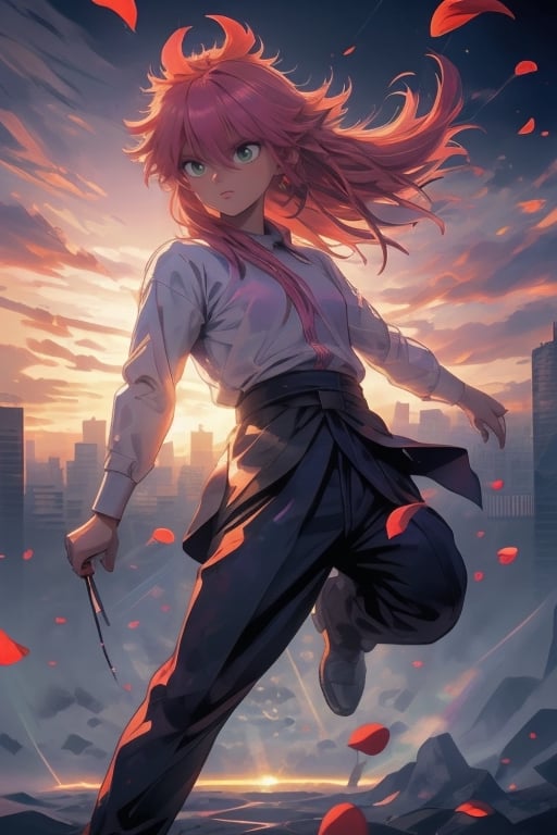 Masterpiece, Top Quality, 1 handsome boy, solo, red hair, long hair,hair between eyes, (messy hair:1.1), green eyes, sidelocks, pink school uniform, pink uniform,trousers, red rose, scattered rose petals,(realistic skin),  caper pose, 
japan citys skyline background , sunset, magic hour, fisheye lens, high definition, artistic composition, composition from below,  action pose,  blurred distant view, motion blur, dancing white light, ultra detailed graphic tension, dynamic poses, stunning colors, 3D rendering, cinematic lighting effects, realism, 00 renderer, super realistic, full body photos, super vista, (super wide Angle), HD, (head looking up at the audience), shot with tension, Visual impact, photorealistic, back light,((dramatic lights)),shot with tension, Visual impact