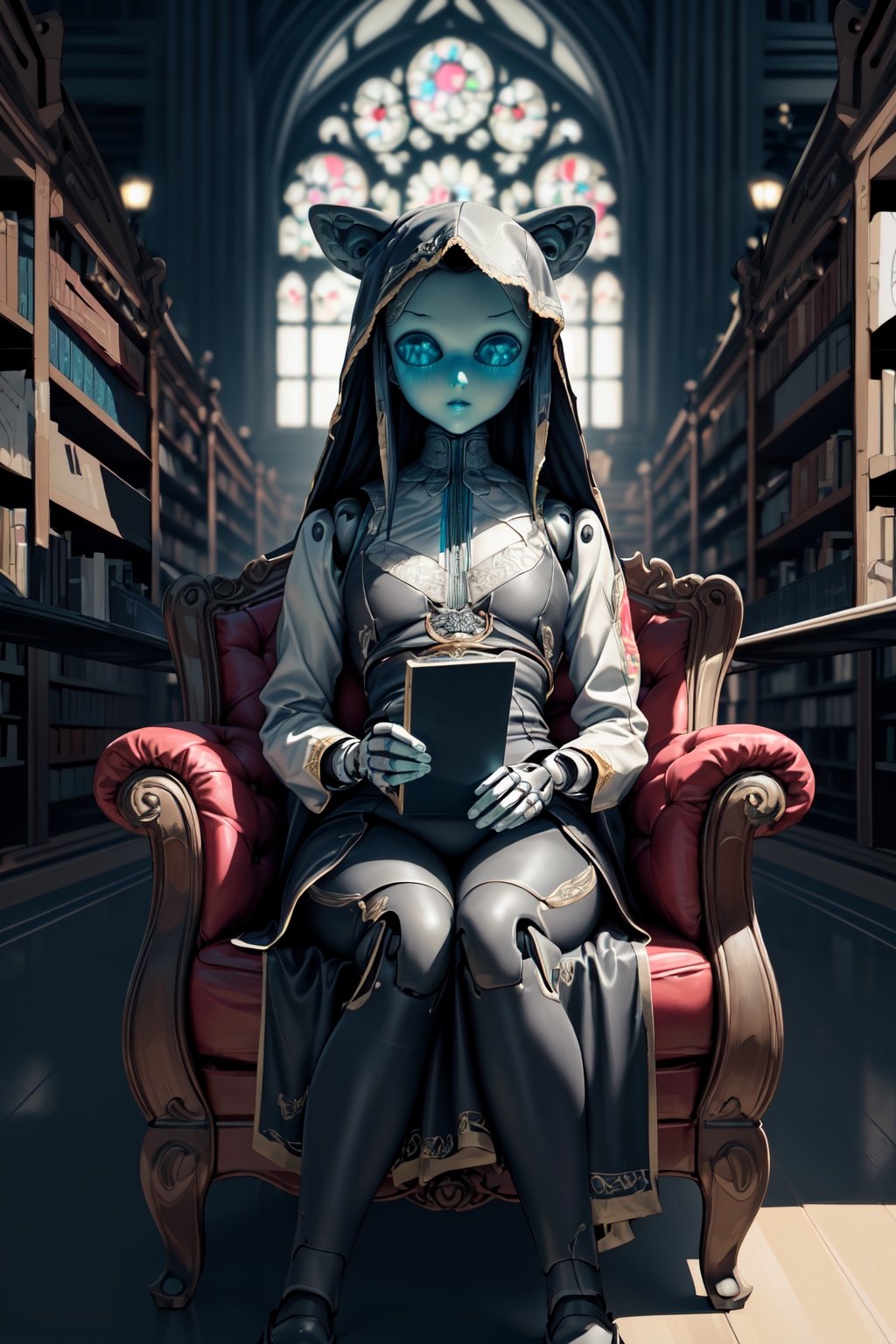 best quality, masterpiece,  realistic illustration, (mechanical), 8k artistic photography, perfect light.,1 doll,bjd,sitting in old library