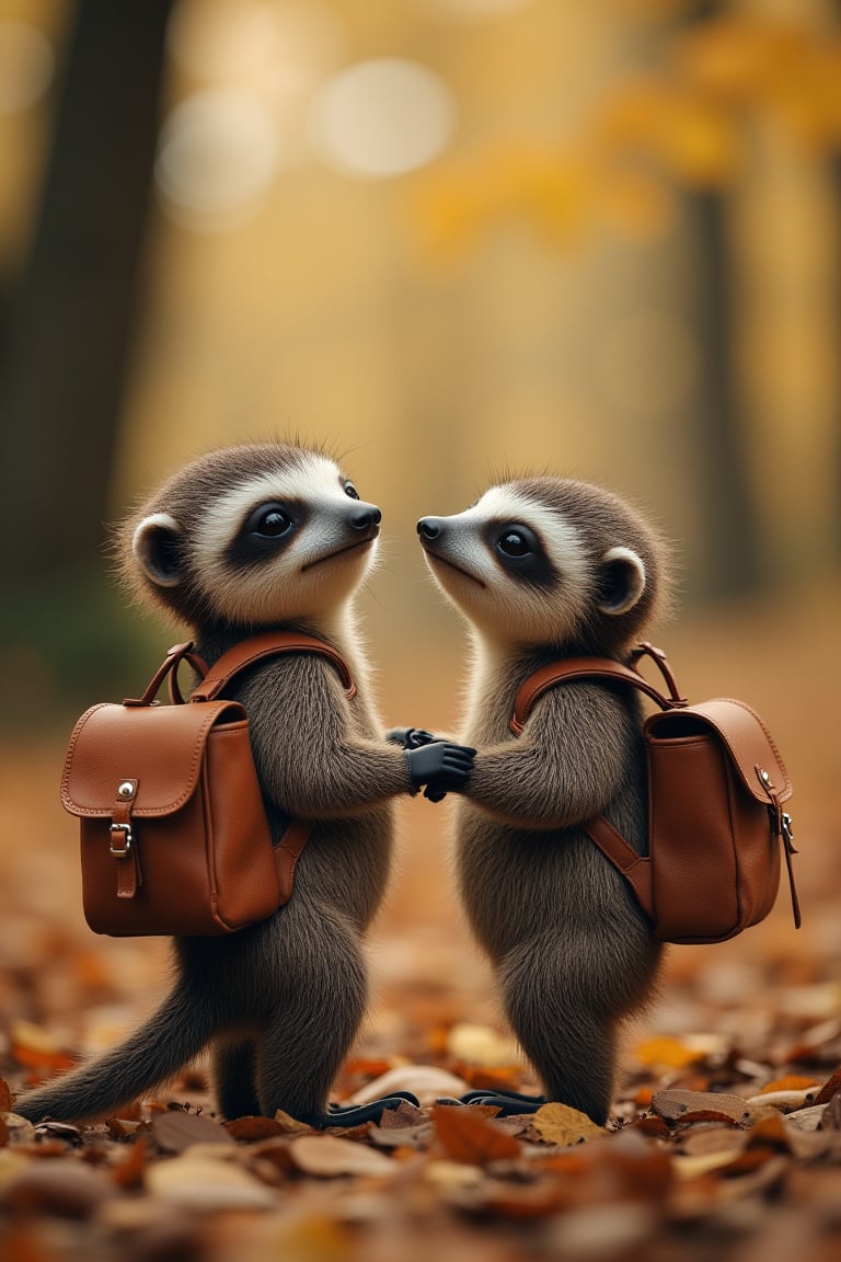 baby sloth with backpacks are standing next to each other, in the style of daz3d, isaac cordal, studyblr, soft, romantic scenes, rinpa school, doug hyde, warm tones