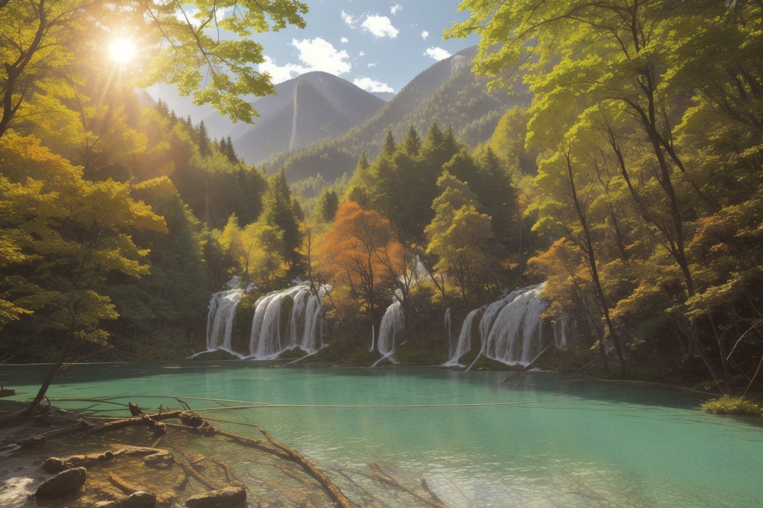 jiuzhaigou valley landscape,8k, lake,trees,Colorfull,Ultra-wide lens view,Richness,soft light,photo realistic,pastelbg