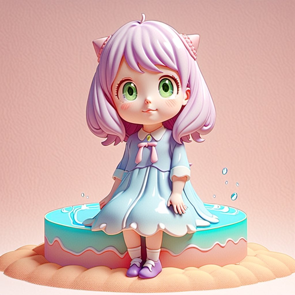 Generate a picture, (anya forger, anime, school girl outfit, innocent.), look at viewer,a macaron color system, cute cartoon style, the whole body background is composed of delicate colors, pink, light blue, milky yellow and lavender, soft colors , operate the water splash to condense into luminous and transparent. Colorful round shape. 3D sand sculpture. Rendering. Super realistic. 8K,chibi,powerdef,anya forger