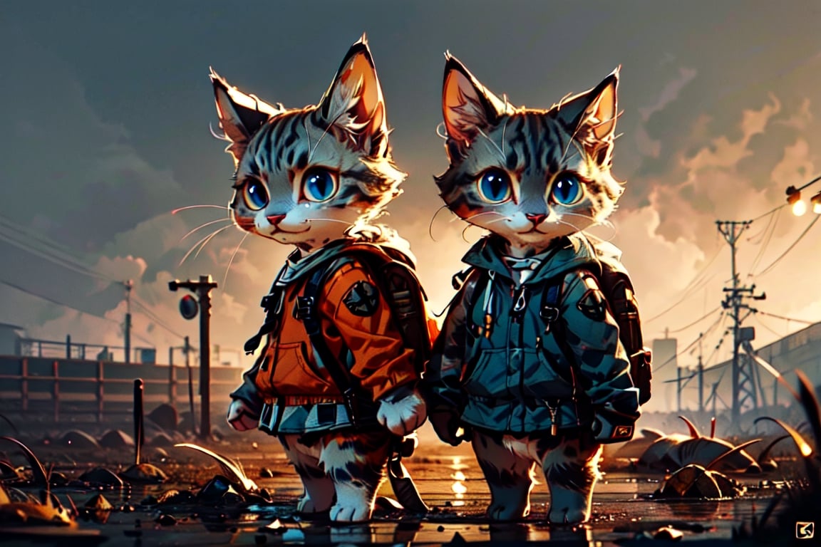 cute kittens with backpacks, standing next to each other, in the style of daz3d, isaac cordal, studyblr, soft, romantic scenes, rinpa school, doug hyde, warm tones,(facing_viewer),furry