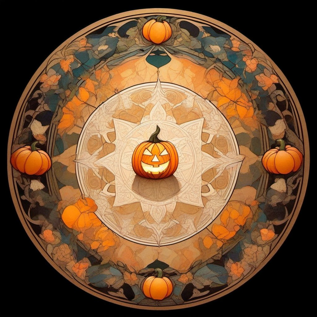 1 mandala inspired by the Taizokai , featuring a central pumpkin lantern. Each character is enclosed in a decorative pattern, arranged clockwise from the top: a toothy handsome vampire, a pretty witch, a zombie, a ghost draped in white sheets, a fierce werewolf, a mummy with bandages on its face, a little devil, and a white skeleton.  Halloween theme background  , illustrated in the style of Alphonse Mucha, with intricate, flowing patterns that enhance the whimsical and eerie atmosphere of the scene.epoxy resin combined with Kintsugi style 