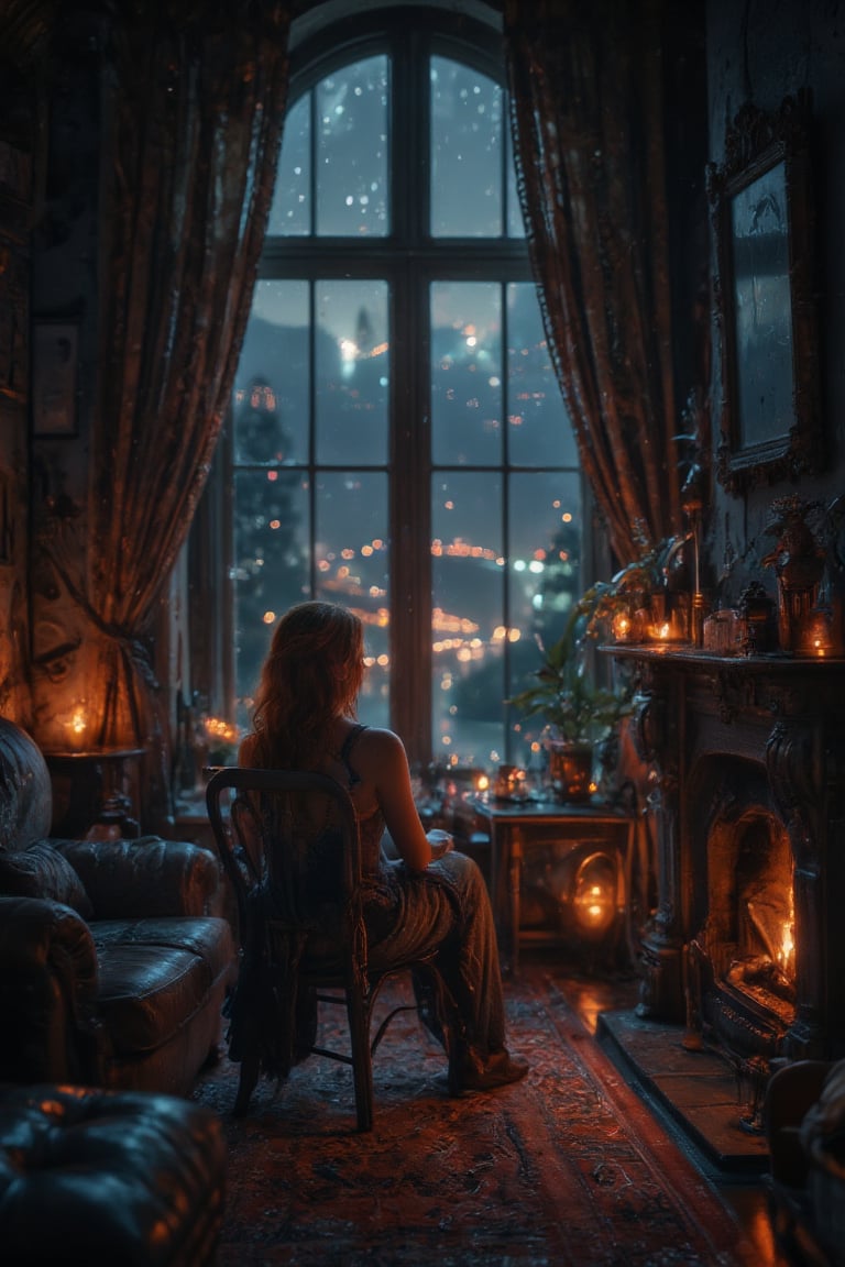 sitting, indoors, Old Castle Room, no humans, Rain outside window, chair, table, plant, scenery, couch, candle, warm soft light, real photo,Fireplace,warm colour