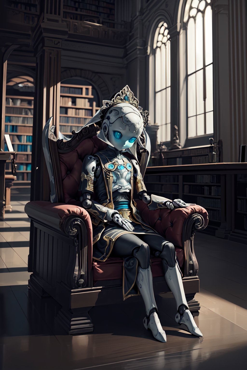 best quality, masterpiece,  realistic illustration, (mechanical), 8k artistic photography, perfect light.,1 doll,bjd,sitting in old library