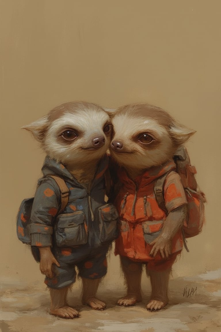 baby sloth with backpacks are standing next to each other, in the style of daz3d, isaac cordal, studyblr, soft, romantic scenes, rinpa school, doug hyde, warm tones