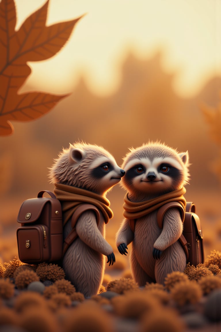 baby sloth with backpacks are standing next to each other, in the style of daz3d, isaac cordal, studyblr, soft, romantic scenes, rinpa school, doug hyde, warm tones