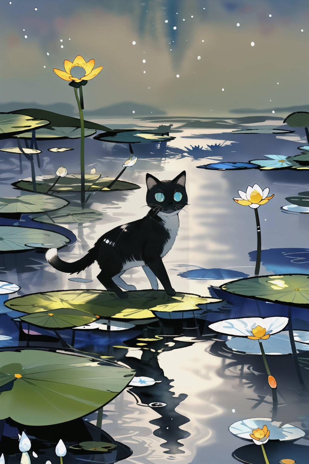  water, no humans, animal, 1cat, solo, walking on water, looking at it's reflection, black cat, animal focus, ripples,(water colour style),raining, blue tone, raining, soft light, view from top,water lily,flowers