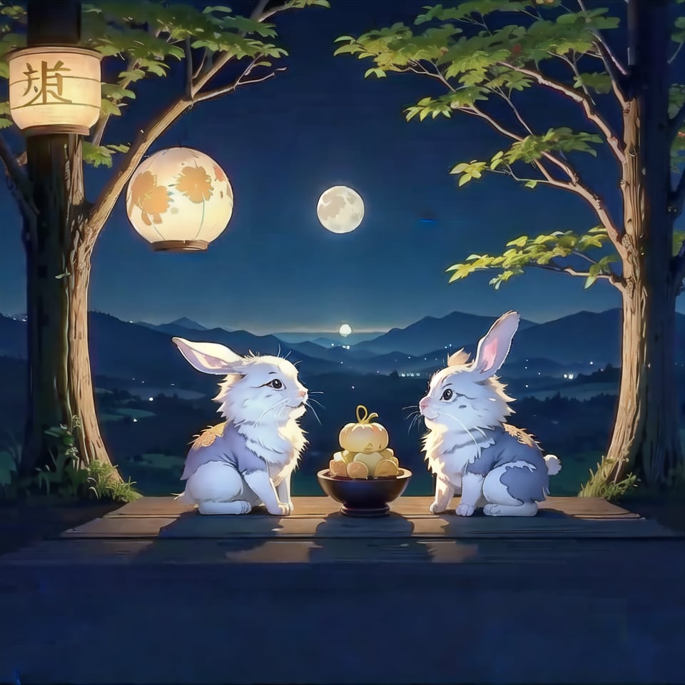 Mid-Autumn Festival ,in the style of water colour, illustration of cute rabbits admiring the moon and eating delicious mooncakes under an maple tree. Chinese translation: Moon Festival.