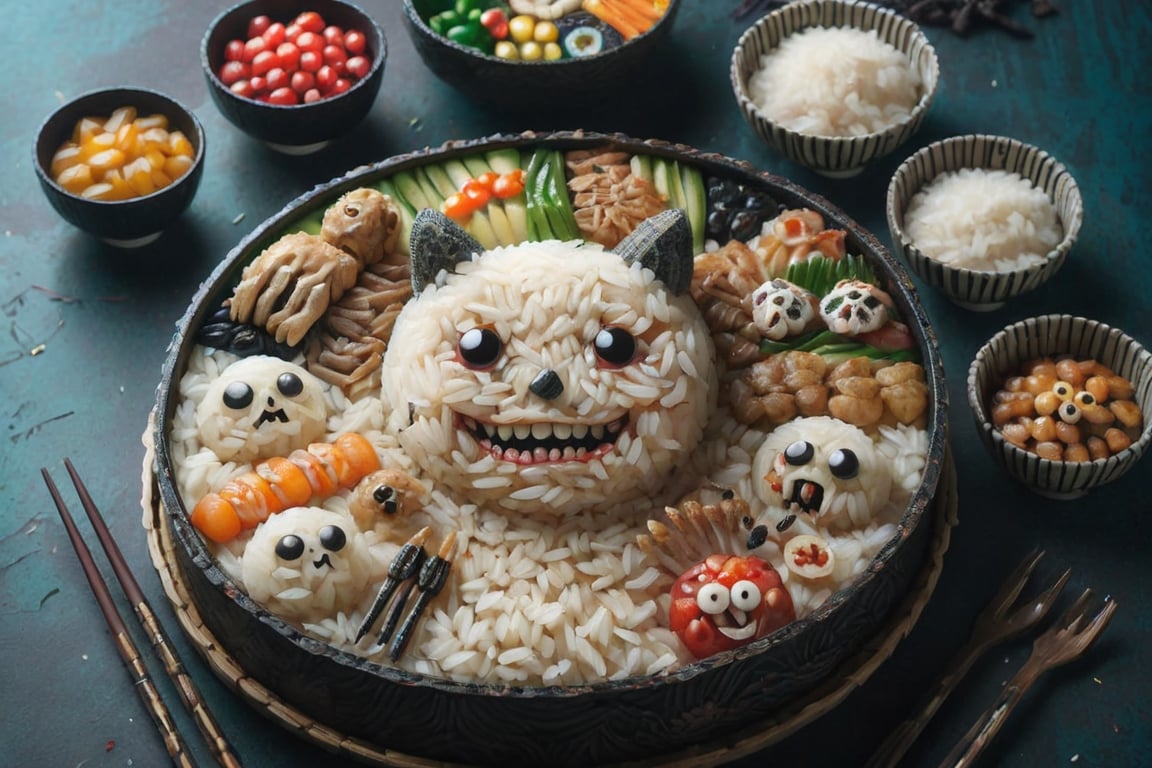 Extremely detailed photo ((horror manga theme)) of a Japanese bento on a table decorated with rice and food patchworked into scenes of manga characters from Junji Ito's book, 富江, masterpiece, award-winning photography, sophistication, foodism , food photography, bright colors, styr,styr