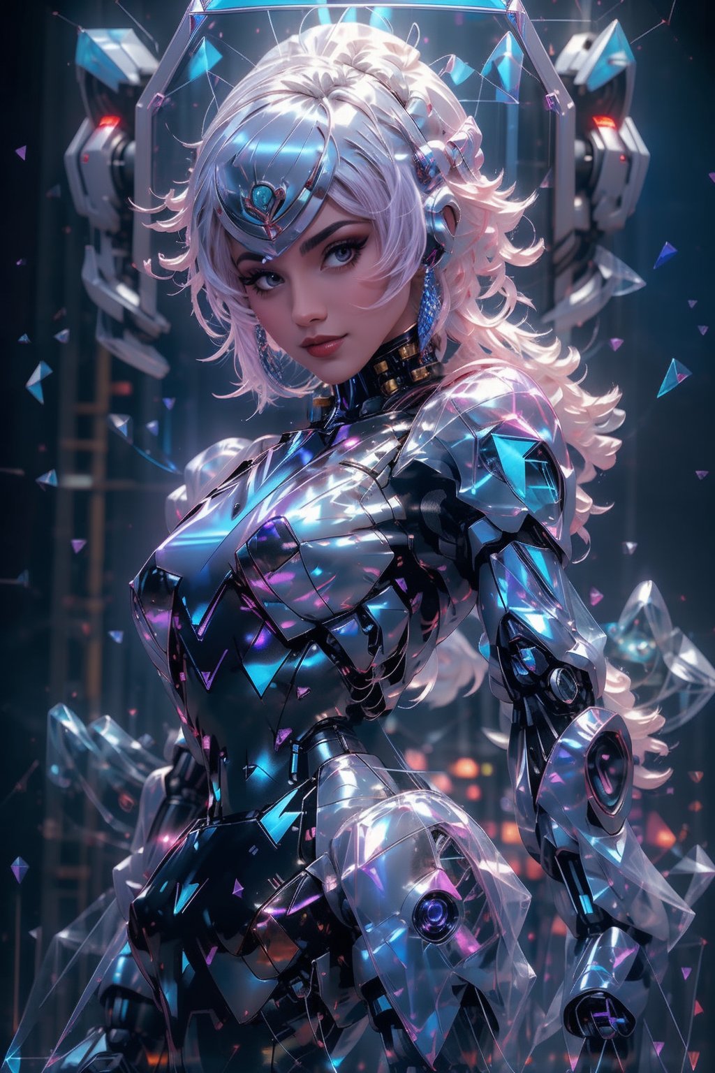 Dark aesthetic,  (tiny cute translucent polycarbonate sci-fi robots), polycarbonate plastic frame, stunning unreal engine render, intricate details,( robot girl), Oil Painting