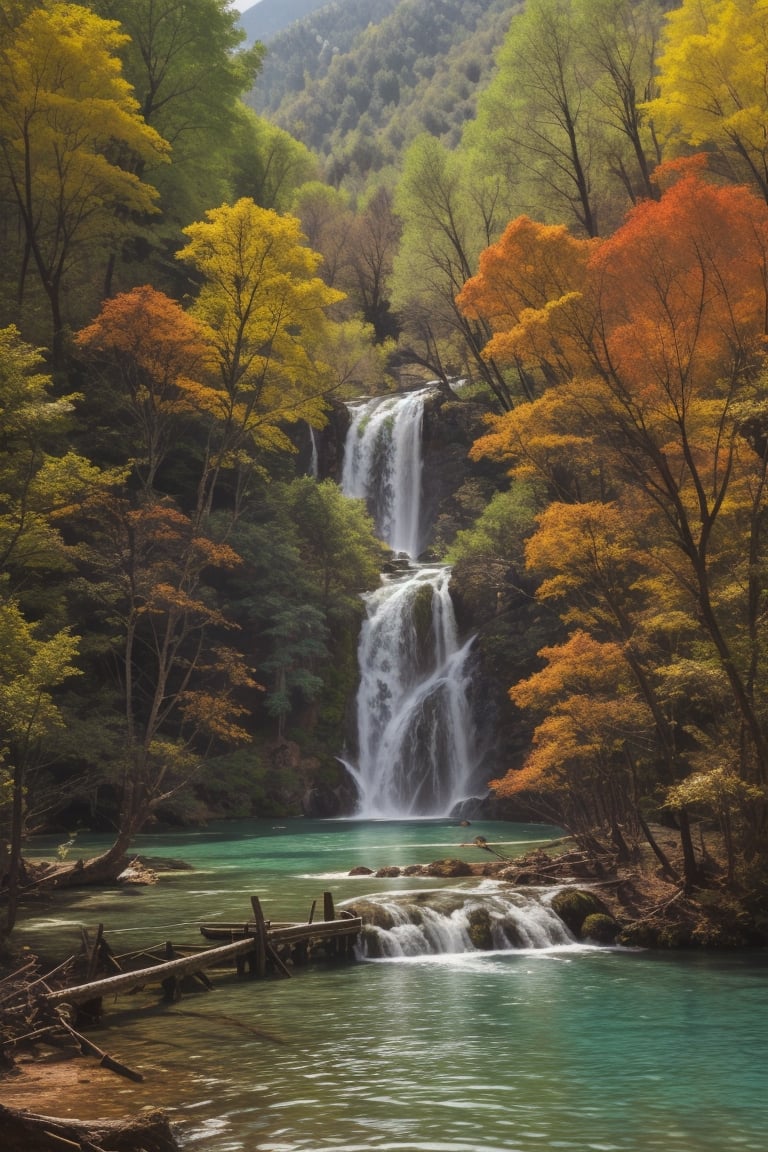 jiuzhaigou valley landscape,8k, clear lake,trees,Colorfull,Ultra-wide lens view,Richness,photo realistic,colorfull,realistic,oil painting