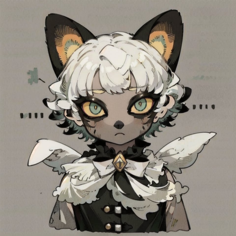 solo, looking at viewer, simple background, bow, green eyes, upper body, bowtie, grey background, no humans, cat, white bow, , colored sclera, black cat, white bowtie, yellow sclera, whiskers, black fur