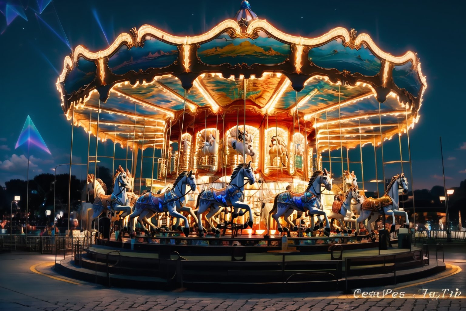 a carousel in sunset, beautiful sky, The seats are traditionally in the form of rows of wooden horses or other animals mounted on the edge of the rotating platform. the carousel is depicted with a variety of animal figures, illuminated by lights, and set against a night sky sprinkled with stars. The reflection on the water's surface suggests that the carousel is located near a body of water. The overall impression is one of whimsy and enchantment