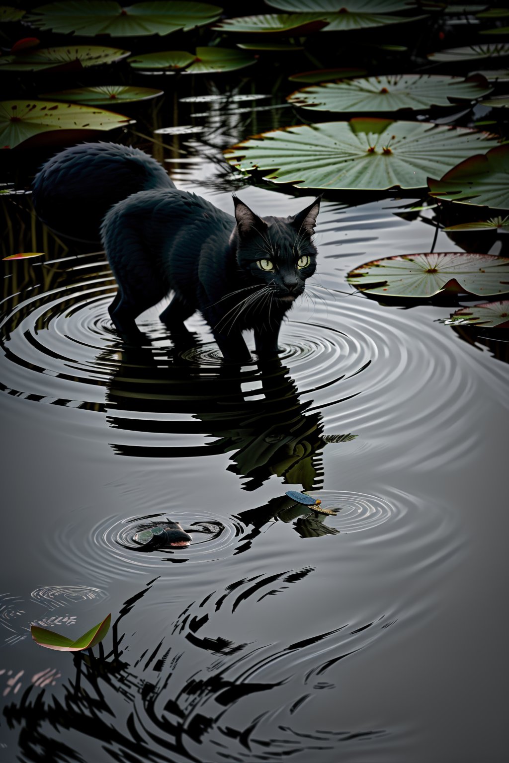  water, no humans, animal, 1cat, solo, walking on water, looking at it's reflection, black cat, animal focus, ripples,water colour style,raining, coll tone, raining, soft light, view from top,water lily,